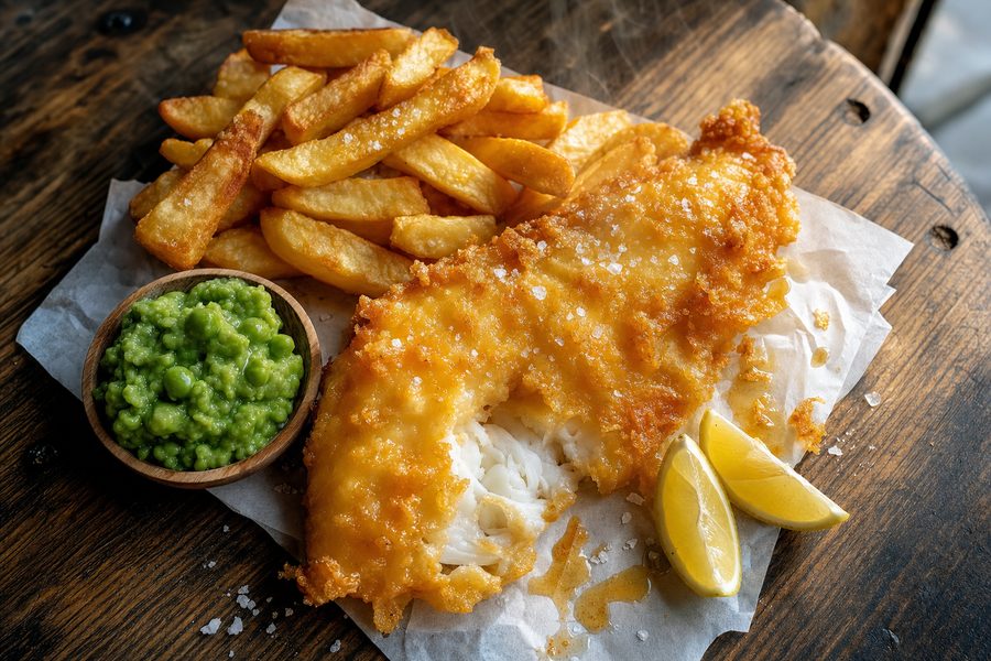 Beer-battered cod and chunky chips