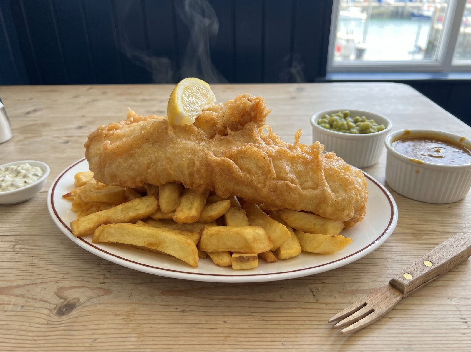 Generous portion of beer-battered cod and chunky chips on a plate with mushy peas and curry sauce
