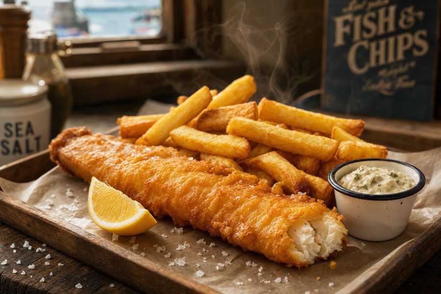Golden battered haddock and chips