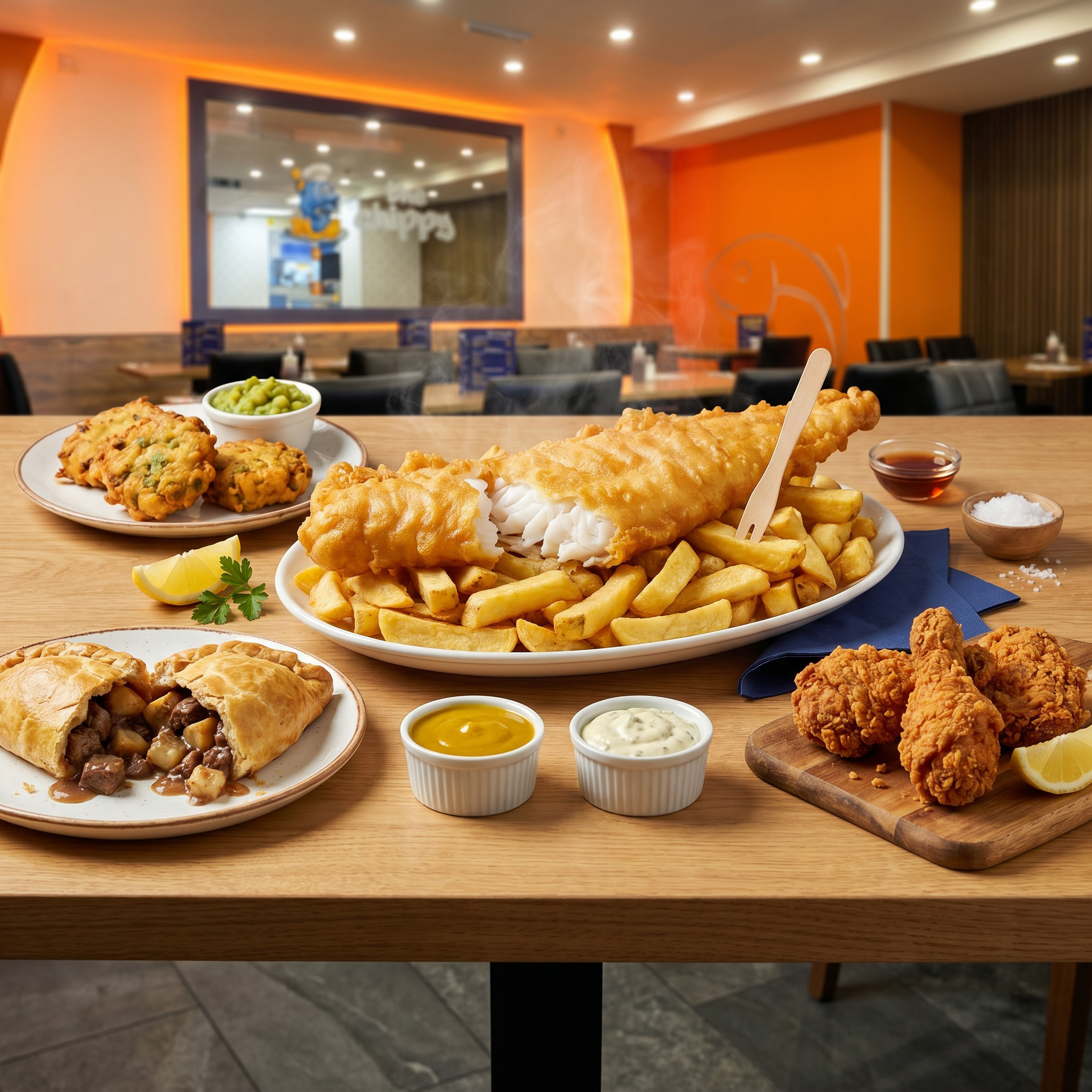 The Chippy hero spread — golden battered cod and hand-cut chips, Cornish pasty, mushy pea fritters, southern fried chicken, curry and tartare sauces, served inside The Chippy in Brixham