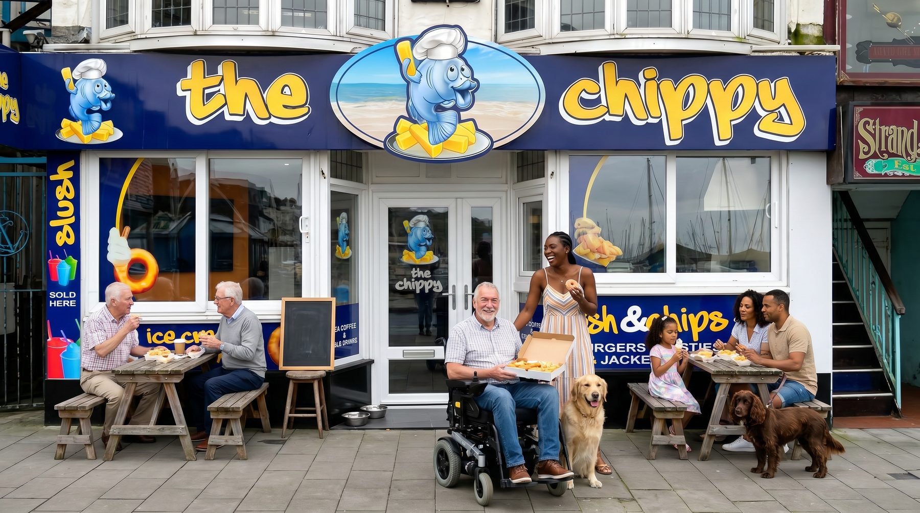 A wheelchair user, two dogs, a mixed-age group of seven people enjoying chips outside The Chippy on The Strand