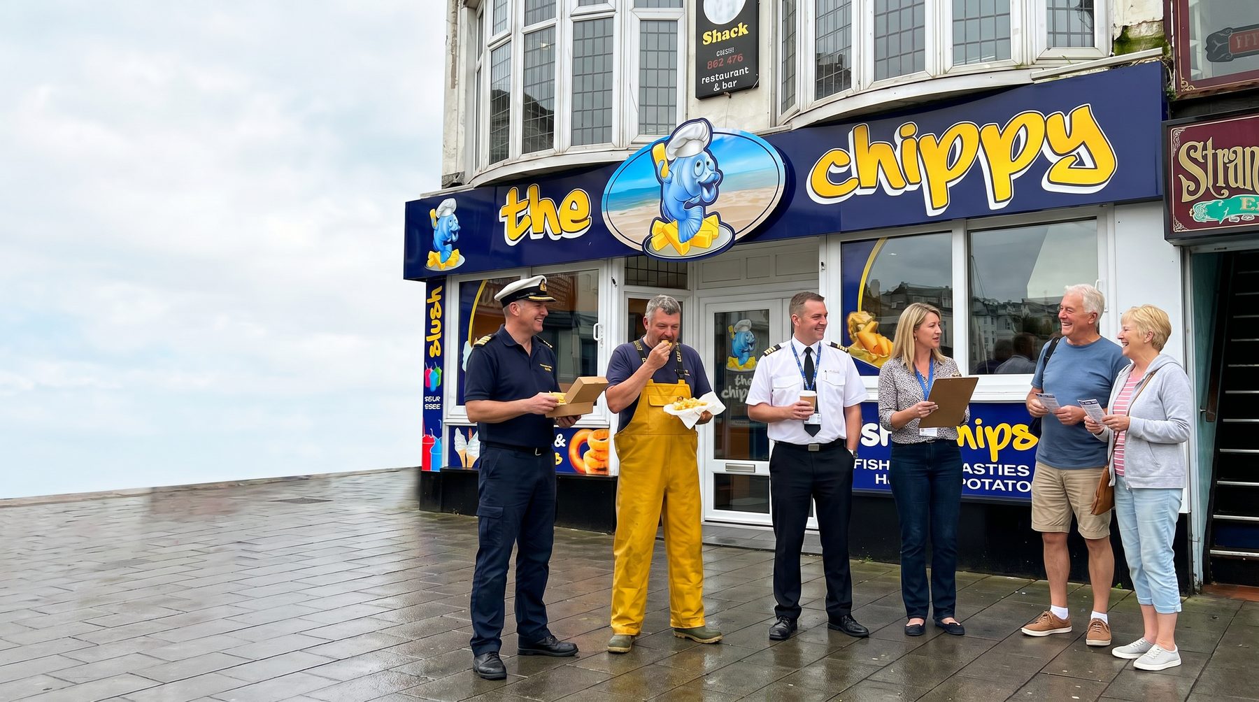 Ferry crew, fisherman in yellow waterproofs, coach driver, tour guide and tourists outside The Chippy