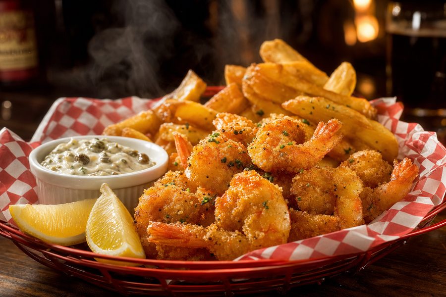 Scampi in a basket with chips