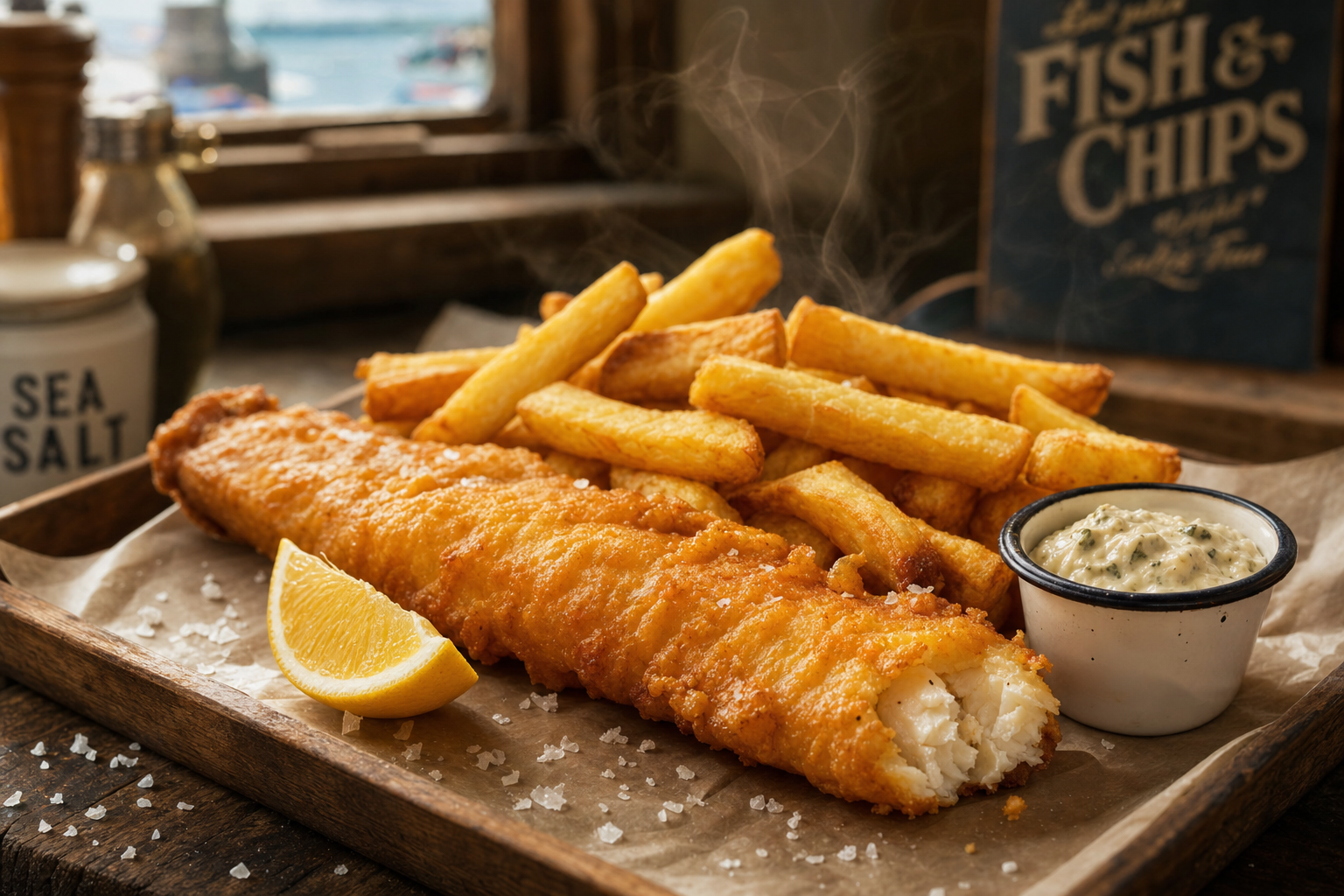Haddock and chips with tartar sauce and sea salt