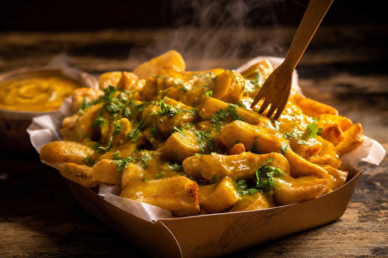 Chip-shop curry loaded chips with coriander