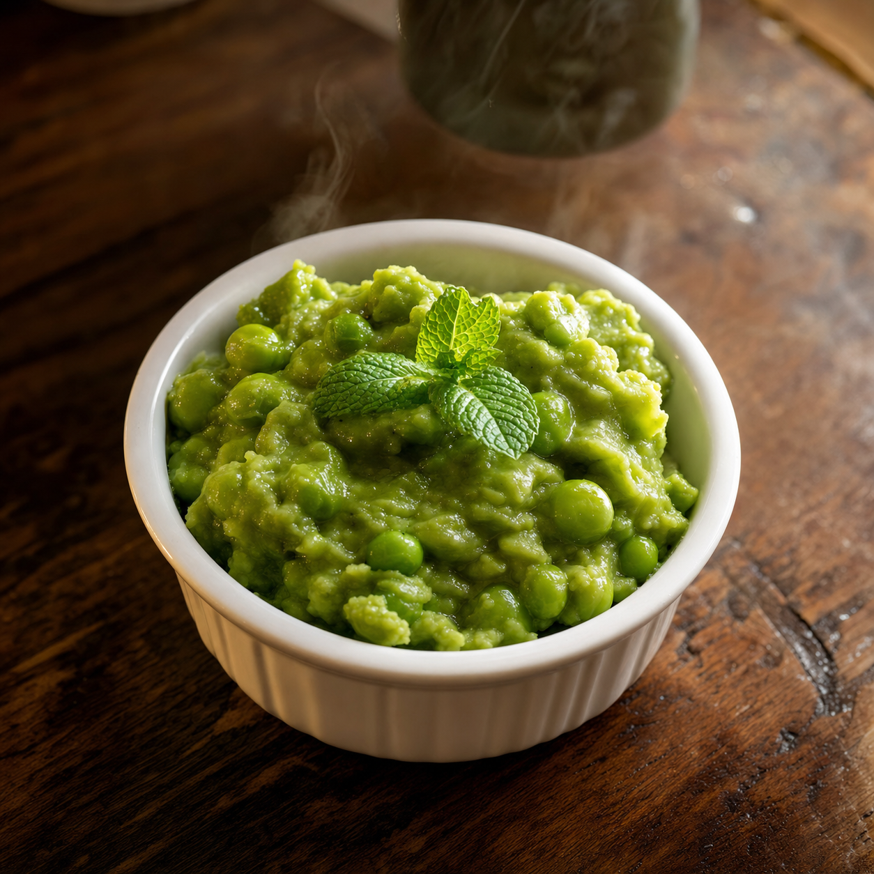 Homemade mushy peas in a white ramekin with fresh mint