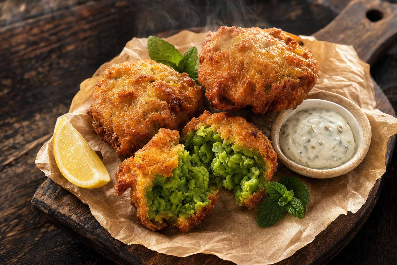 Golden crispy mushy peas fritters with lemon and tartar sauce