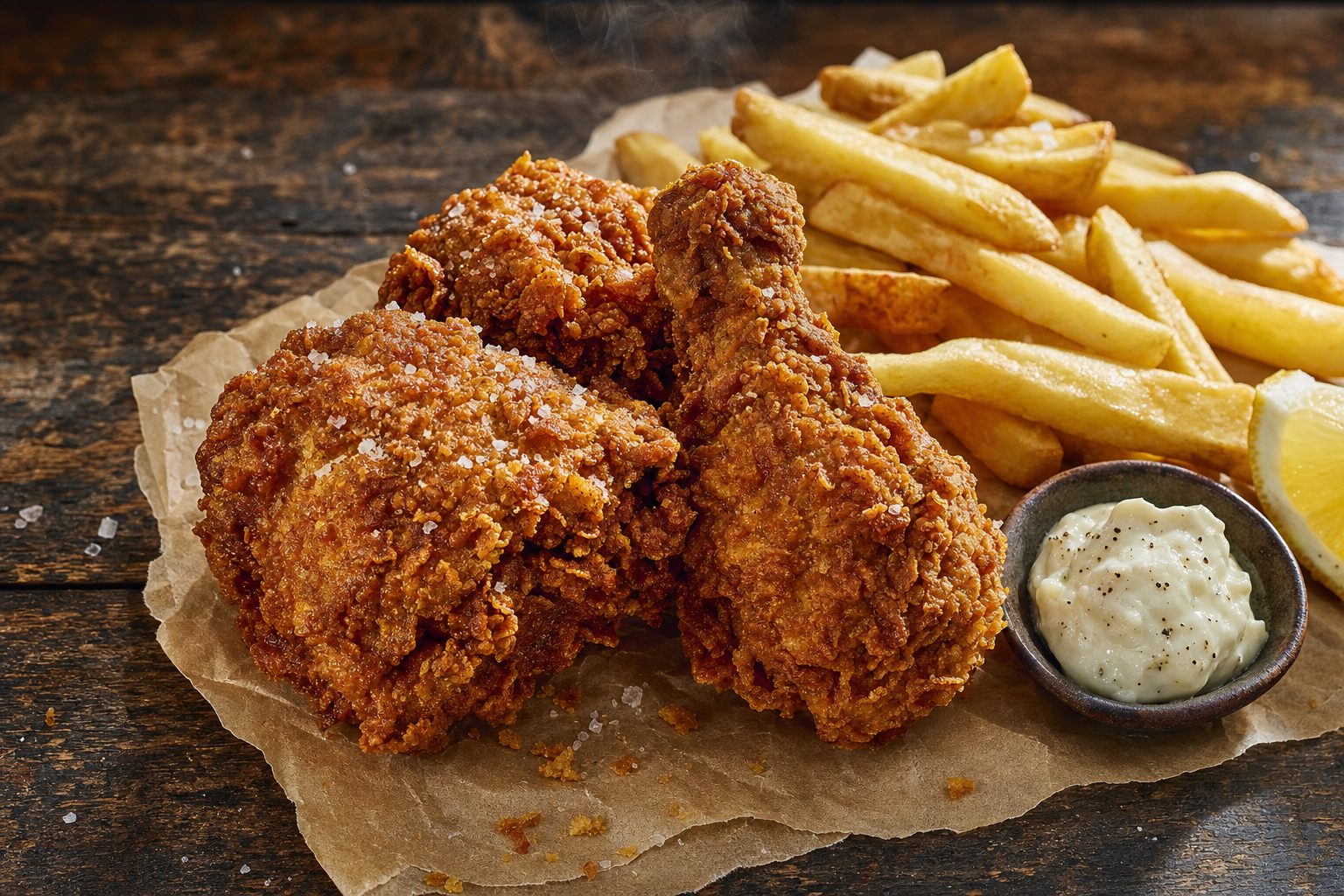Southern fried chicken with chunky chips